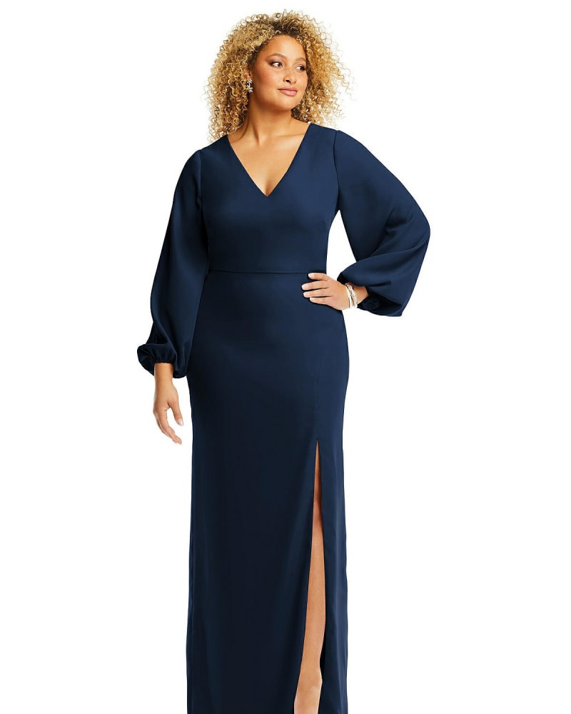 Front of a model wearing a size 18W Long Puff Sleeve V-Neck Trumpet Gown in Midnight Navy by Dessy Collection. | dia_product_style_image_id:267103